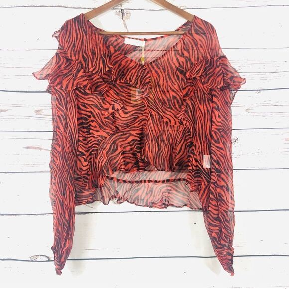 Revolve Stevie May Walk On By Sheer Tiger Print Ruffle Blouse L - Picture 5 of 10